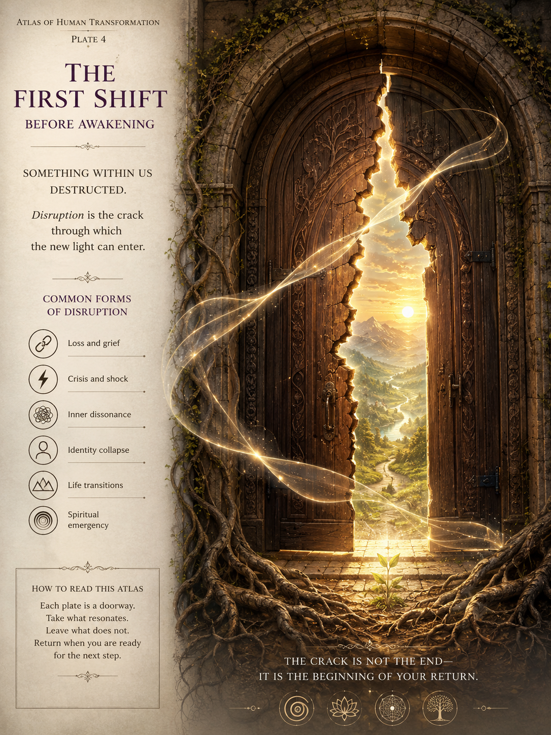 The First Shift — a cracked doorway opening onto a sunlit valley